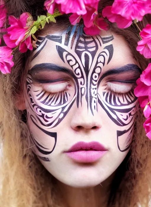 Image similar to a beautiful portrait of a beautiful woman with eyes closed in the jungle surrounded by pink flowers, tribal face paintings, matte painting, fantasy art