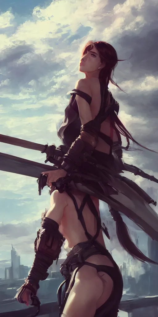 Image similar to back shot of beautiful girl gazing back, holding two swords. by wlop. artstation contest winner, cinematic paint. lower shot. dramatic cloud in background. cyberpunk