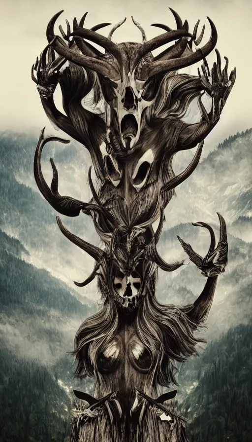 Image similar to gigantic goddess of wildlife wearing unknown animal skull mask with thousand horns looming over misty mountains forest