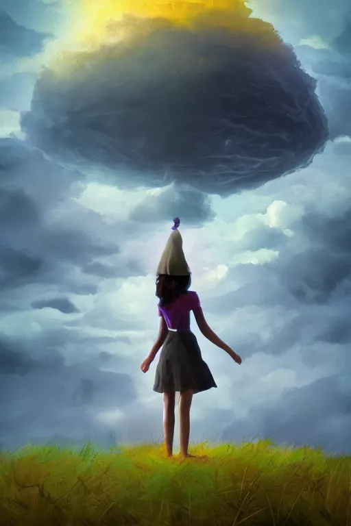 Image similar to closeup perspective, giant dahlia flower over the head, girl standing on mountain, surreal photography, blue storm clouds, dramatic light, impressionist painting, digital painting, artstation, simon stalenhag