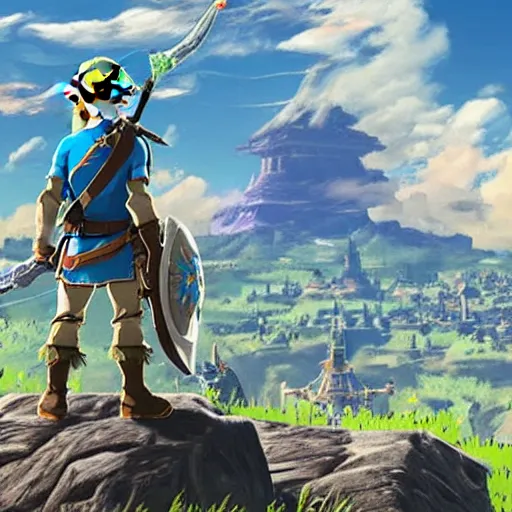 Prompt: Breath of the Wild videogame character Link stands in front of the castle, wielding the master sword, 4k render