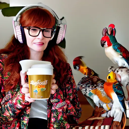 Image similar to a stunning hyper-detailed portrait photo of a beautiful bespectacled woman with long auburn hair and bangs, wearing a tie-dye t-shirt, wearing futuristic headphones and posing with her raccoons and parrots in an overstuffed easy chair in her sunlit living room, holding a coffee mug decorated with parrots, and holding a strawberry-glazed donut and smoking an elaborate hookah, perfect eyes, octane render, unreal engine, 85 mm lens,