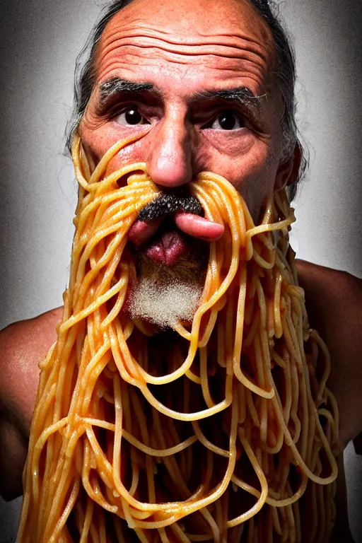 Prompt: extremely detailed portrait of old italian cook, spaghetti mustache, slurping spaghetti, spaghetti in the nostrils, spaghetti hair, spaghetti beard, huge surprised eyes, shocked expression, scarf made from spaghetti, full frame, award winning photo by jimmy eolo perfido