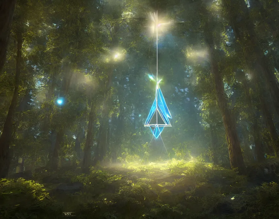 Image similar to flying geometric shiney triangle in forest, beautiful graphics, fantasy artwork, very beautiful scenery, hd, hdr, ue 5, ue 6, unreal engine 5, cinematic 4 k wallpaper, 8 k, ultra detailed, by popular digital, details, beautiful image ever created, high resolution, artstation, award winning