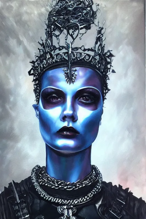 Image similar to hyperrealism oil painting, close - up portrait of punk gothic medieval brunette fashion model, knight, steel gradient mixed with nebula sky, in style of baroque