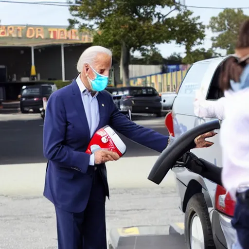 Prompt: Joe Biden raising gas prices at pump crisp detail laughing pointing people shouting with masks on