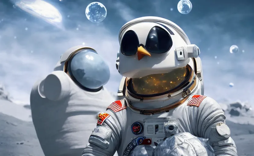 Image similar to a chicken wearing a astronaut suit in a alien planet, profile picture, digital art, concept art, trending on DeviantArt, highly detailed, high quality, 4K, cartoon, high coherence, path traced, blue sky in the background, octane render, digital painting, no helmet, masterpiece