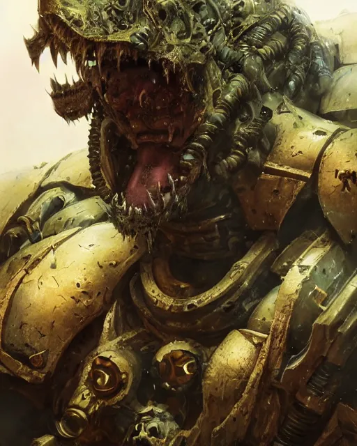 Image similar to hyper realistic portrait of heroic warhammer 4 0 k beast, android head, cinematic, chaos marine, wolf, horror, nurgle, artstation, cgsociety, full head and shoulders, greg rutkowski, james gurney, mignola, craig mullins, brom redshift, vray, octane