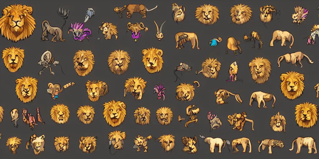 Prompt: game asset of unique lion heads on black background, organic, 9 0 s cartoon palette, 9 0 s cartoon inking, 2 d sprites, 8 k, close up
