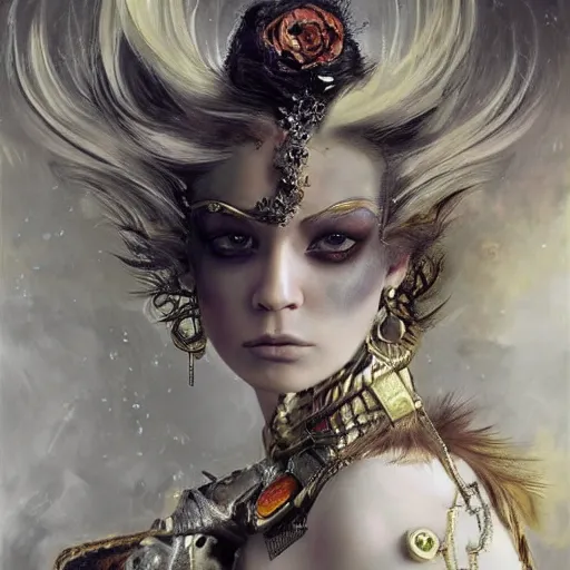 Image similar to portrait, headshot, insanely nice professional hair style, dramatic hair color, digital painting, of a old 17th century, old cyborg merchant, amber jewels, baroque, ornate clothing, scifi, realistic, hyperdetailed, chiaroscuro, concept art, art by Franz Hals and Jon Foster and Ayami Kojima and Amano and Karol Bak,