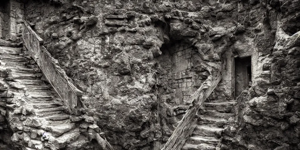 Prompt: very a deep chasm, houses are carved into the sidewalls, long winding stairs going down, 8 k, shallow depth of field, moody lighting, ultra high detail, concept art,