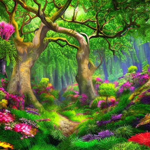 Prompt: creative lush forest with colorful flowers and a large oak tree. fantasy, hyper detailed, serene