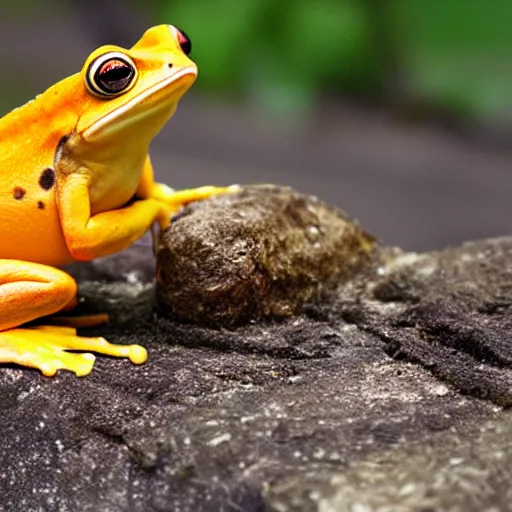 Prompt: photo [ orange ] and yellow frog