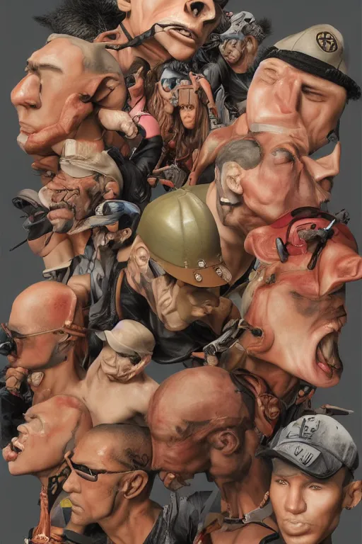 Prompt: place full of tunnel rats - pop art, hyperrealistic, detailed by artgerm and richard hamilton and mimmo rottela and bob rafei and kazuma kaneko and bengus and yoshitaka amano, face features, human anatomy features, sharp focus, realistic detail human composition, anatomy models details, multicultural race