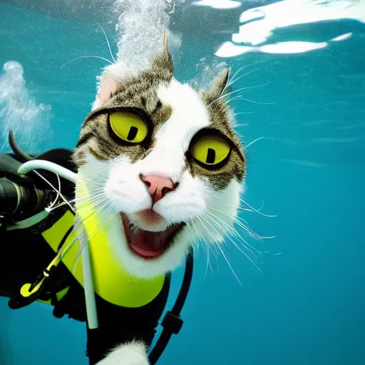 Prompt: high quality underwater photo of a cat scuba diver wearing norkel mask