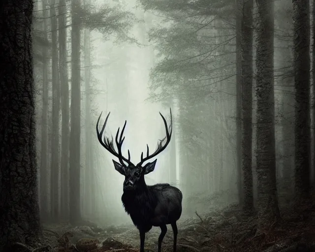 Prompt: 5 5 mm portrait photo of a black stag with antlers and black feathers in a magical forest. scary. magical atmosphere. art by greg rutkowski and luis royo. highly detailed 8 k. intricate. lifelike. soft light. nikon d 8 5 0.