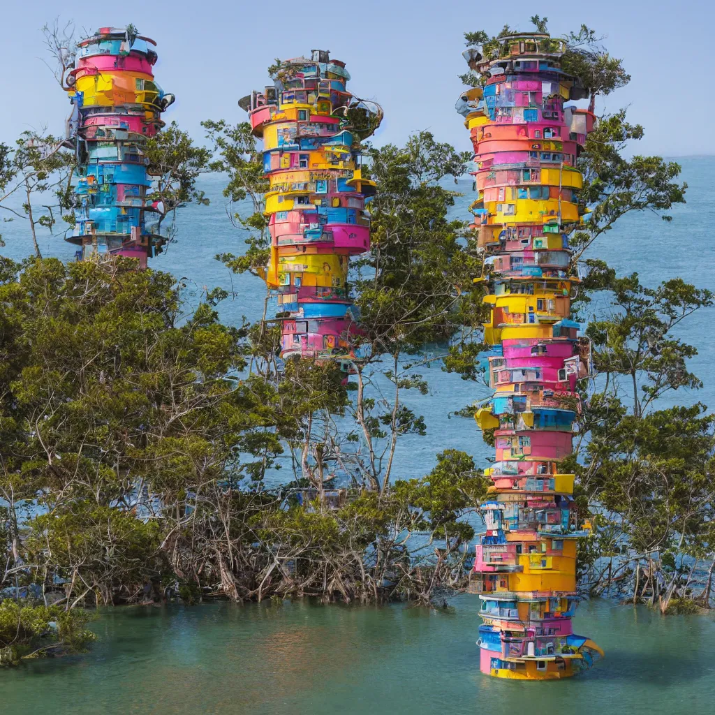 Image similar to a circular tower, made up of colourful makeshift squatter shacks suspended over water, dystopia, sony a 7 r 3, f 1 1, fully frontal view, ultra detailed, photographed by hiroshi sugimoto,