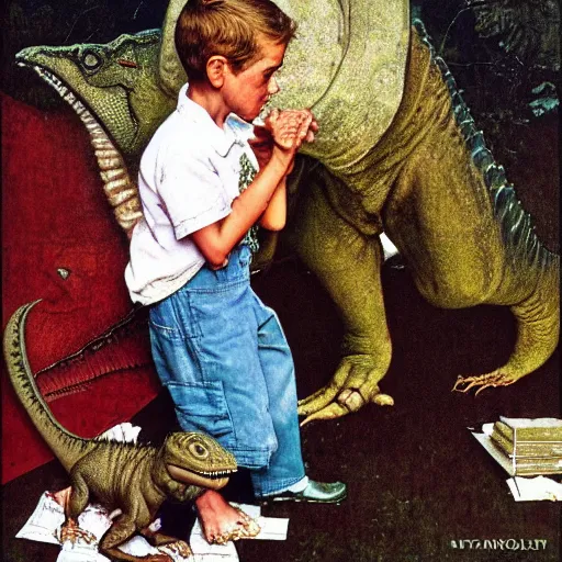 Prompt: a Norman Rockwell painting of a boy and his dinosaur