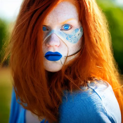 Image similar to close up half-face portrait photograph of a ginger woman with deep blue eyes. Wavy long hair. she looks directly at the camera. Slightly open mouth, face covers half of the frame, with a park visible in the background. 135mm nikon. Intricate. Very detailed 8k. Sharp. Cinematic post-processing. Award winning portrait photography