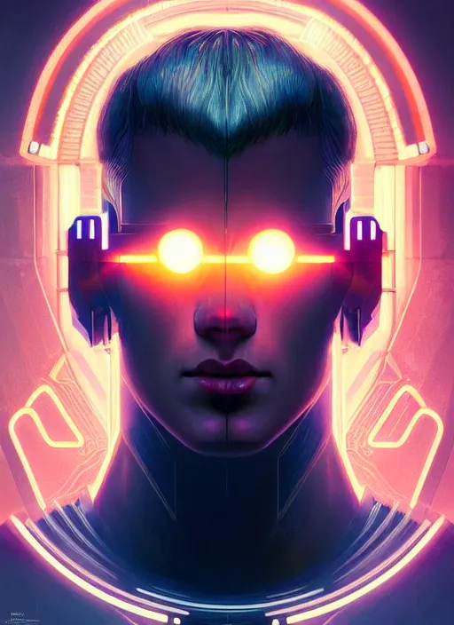 Image similar to symmetry!! portrait of a greek god, sci - fi -, cyberpunk, blade runner, glowing lights, tech, biotech, techwear!! intricate, elegant, highly detailed, digital painting, artstation, concept art, smooth, sharp focus, illustration, art by artgerm and greg rutkowski and alphonse mucha