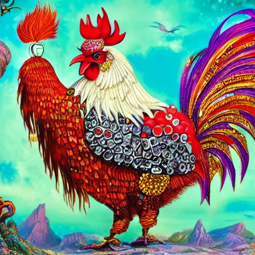 Image similar to fantasy art ultra detailed of the most bedazzled rooster king in all it's glory