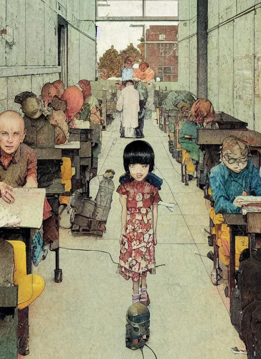 Prompt: illustration of a 2 0 8 0 desolate school scene by shaun tan and norman rockwell, clean, emptyness, torn paper decollage, graphic novel, oil on canvas by edward hopper, ( by mattias adolfsson ), by moebius