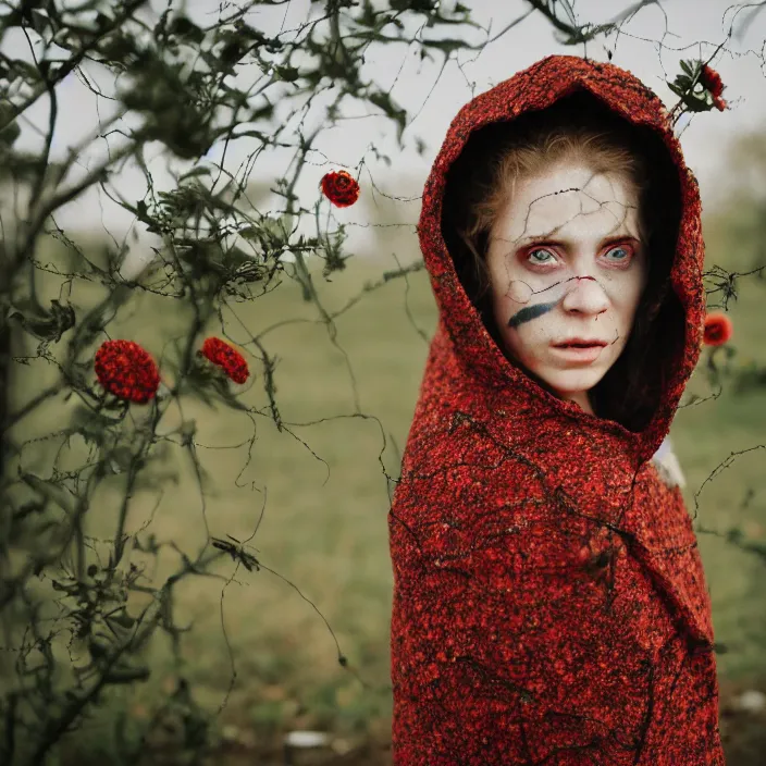 Image similar to a closeup portrait of a woman wearing a hooded cloak made of zinnias and barbed wire, in a derelict house, by Olivia Bee, natural light, detailed face, CANON Eos C300, ƒ1.8, 35mm, 8K, medium-format print