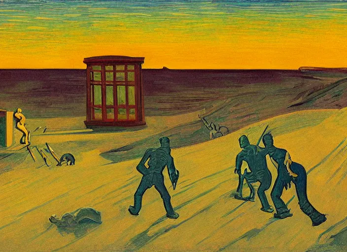 Image similar to painting of the extinction of the dinosaurs with asteroid and fire, in the style of edward hopper and vincent van gogh, dramatic lighting at dusk