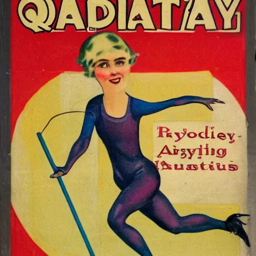 Image similar to a 1 9 2 8 cover of a quality magazine. happy, healthy, beautiful, smiling, young, sporty, glowing woman in decent athletic holding a glowing radium rod. hyper - realistic detailed color drawing