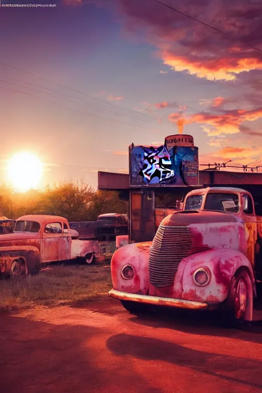 Image similar to a sunset light landscape with historical route 6 6, lots of sparkling details and sun ray ’ s, blinding backlight, smoke, volumetric lighting, colorful, octane, 3 5 mm, abandoned gas station, old rusty pickup - truck, beautiful epic colored reflections, very colorful heavenly, softlight