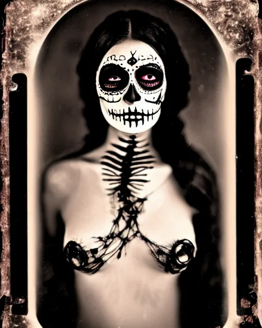 Image similar to tintype veiled woman dressed in dia de muertos makeup high quality photo, microchip, artificial intelligence, bio - mechanical bio - luminescence, black wired cables, neurons, nerve cells, cinematic, rim light, photo - realistic, high detail, 8 k, masterpiece, high fashion, in the style of steven meisel dora maar h. g. giger