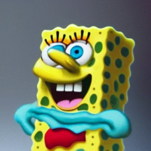 Image similar to A horrific photo of SpongeBob after years of use as a regular Kitchen sponge