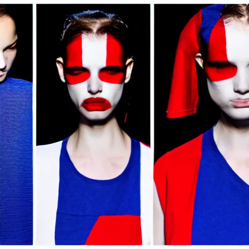 Image similar to brutalist fashion incorporating red white and blue, brutalist fashion show, studio lighting