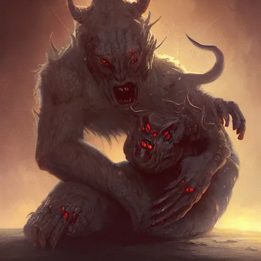 Prompt: the satanic monster is so cute. detailed digital art by greg rutkowski, thomas kinkade and keith parkinson, artstation, cgsociety, 8 k, hd