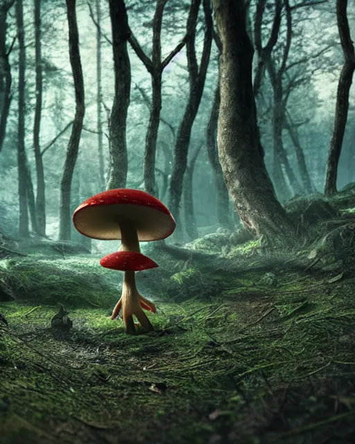 Prompt: Mushroom creature walking through a forest, octane render, professional cgi, highly detailed