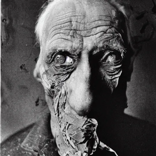 Prompt: photographic portrait of wrinkly sad max ernst dried melting paint with spiraling cigarette smoke, in fog, medium long shot