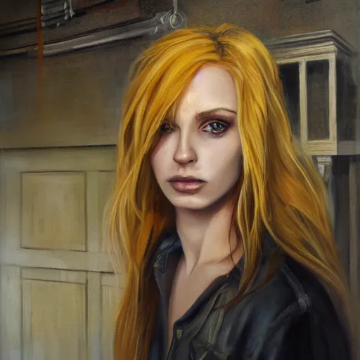 Prompt: oil painting of jinx with golden blonde hair, standing in abandoned building, in style of charlie bowater, detailed face,