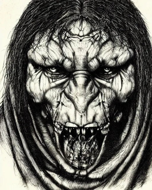 Image similar to orc, hyper realism, fine details, deviantart artstation, extremely detailed, black and white, very sharp, in the style of albrecht durer, etching,