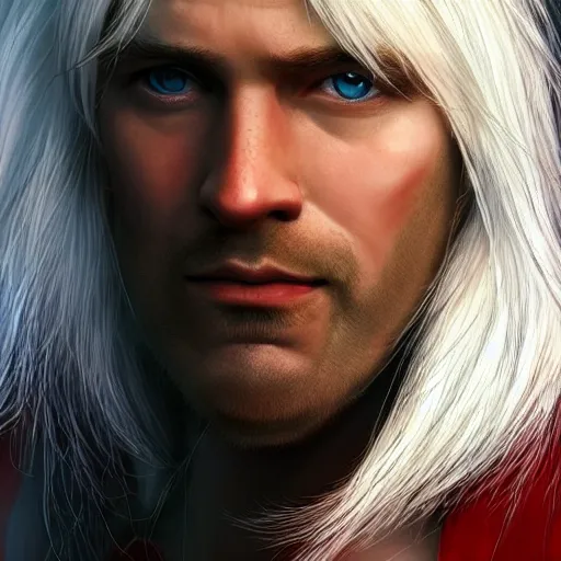 Prompt: a highly detailed portrait of a middle aged male elf with white hair and a very short beard, in red clothes, artstation, deviantart, professional, photorealistic