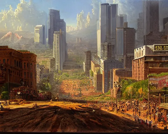 Prompt: a highly detailed painting of a post apocalyptic downtown la in the style of thomas cole