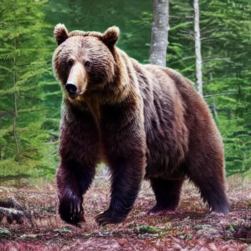 Image similar to a brown bear howling standing up in the middle of a glade in the forest, hyper realistic