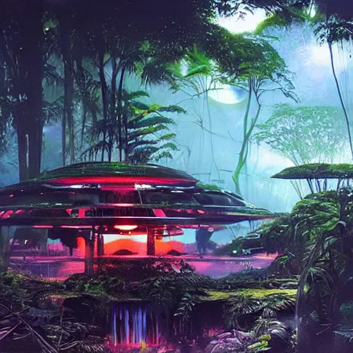 Prompt: ancient monument in the jungle, lost alien civilization, ancient alien tools and houses, tropical forest, glowing alien monuments, alien relic, syd mead, john harris, art station, flowers