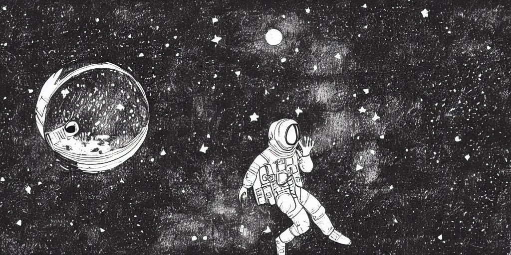 Image similar to ink lineart drawing of a lone female astronaut floating in the distance, small, space, wide angle, space background, artstation, etchings by goya, chinese brush pen, illustration, high contrast, deep black tones contour