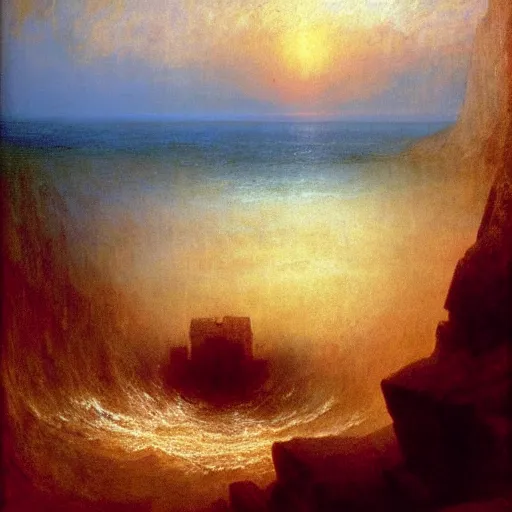 Image similar to the atlantide, by william turner, by beksinski, by caspar david friedrich, oil painting, romantism, realism, limited palette