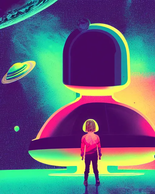 Image similar to strong jitter effects editorial illustration interior portrait of space ship with a young astronaut girl, colorful modern, mads berg, karolis strautniekas, christopher balaskas, fine texture, dynamic composition, detailed, matte print, dynamic perspective, halftone texture, muted color, lomography, risograph