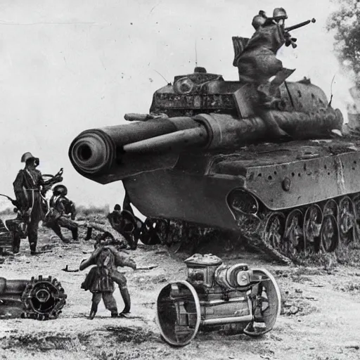Image similar to a historical photo of a steampunk elephant with canons destroyed by a tank in the battlefield in ww 2, german tanks, gunfire, soldiers, high detailed