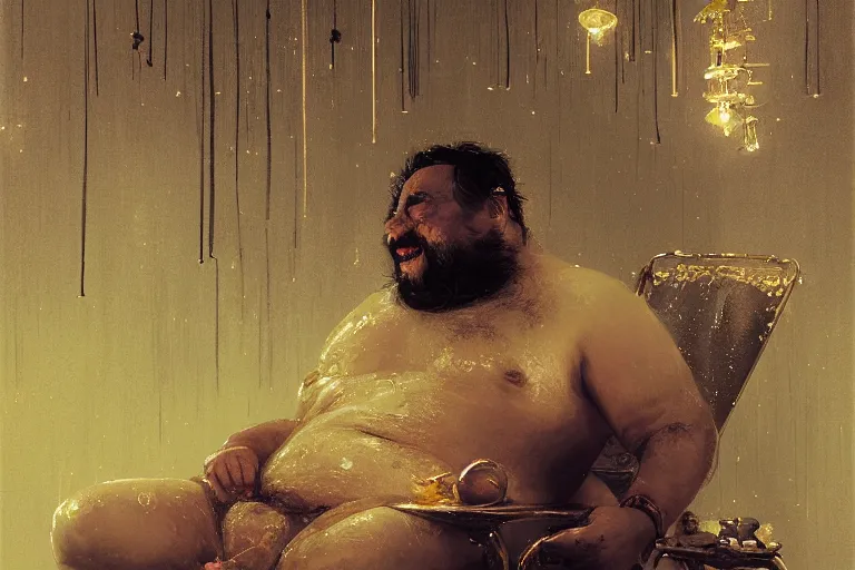 Image similar to Hairy fat dwarf bathing in a gold tub and smoking a cigar, futuristic neon, decorated with traditional Japanese ornaments by Ismail inceoglu dragan bibin hans thoma greg rutkowski Alexandros Pyromallis Nekro Rene Maritte Illustrated, Perfect face, fine details, realistic shaded, fine-face, pretty face