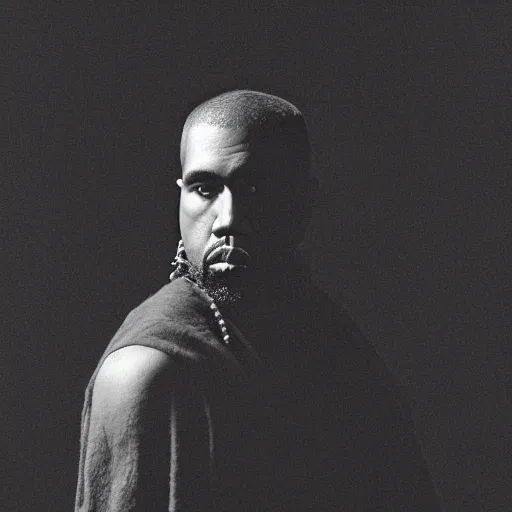 Image similar to a chiaroscuro lighting portrait of kanye west dressed as rick owens, black background, portrait by julia margaret cameron, shallow depth of field, 8 0 mm, f 1. 8