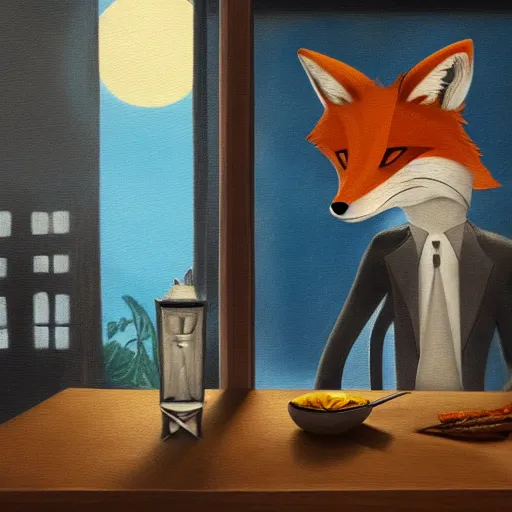 Prompt: humanoid fox detective in an evil restaurant. dark, moonlight through window. fine art, masterpiece painting, 4 k