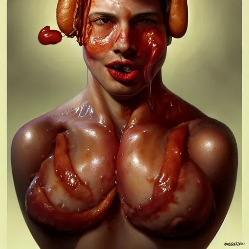 Prompt: portrait of a young rugged hot dog, extra onions and ketchup, luscious patty with sesame seeds, handsome, D&D, fantasy, intricate, elegant, highly detailed, digital painting, sweaty meat, artstation, concept art, matte, sharp focus, illustration, art by Artgerm and Greg Rutkowski and Alphonse Mucha